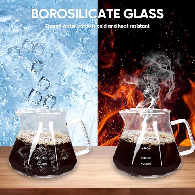 20oz Drip Coffee Maker - 600 ml Borosilicate Glass Carafe with 100 pcs V60 Paper Filter - Walnut Handle & Glass Lid for Home Café Restaurant Camping (Clear)