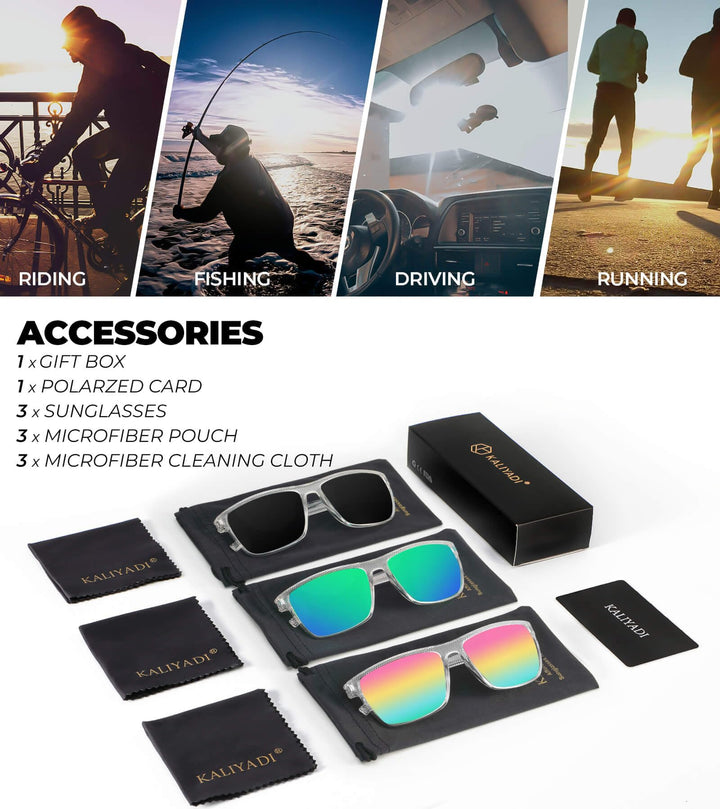 KALIYADI Polarized Sunglasses Men, Lightweight Mens Sunglasses Polarized UV Protection Driving Fishing Golf (Frame Clear|Lens Black/Green/Red)