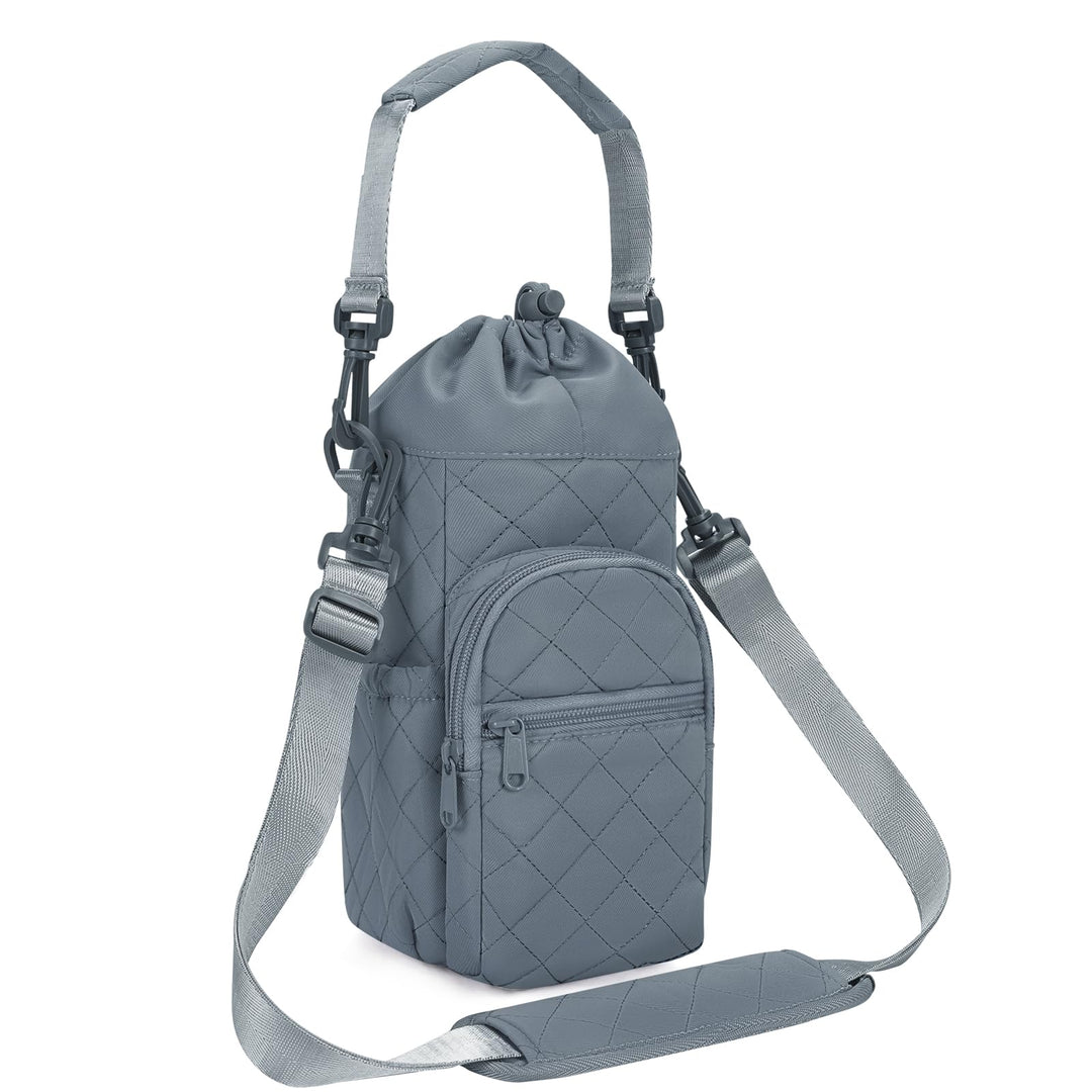 sportsnew Quilted Water Bottle Holder with Strap 32oz 40oz Insulated Quilted Water Bottle Pouch Carrier Sling Bag with Phone Pocket Water Bottle Sleeve for Walking Hiking, Quilt Blue Patent Pending