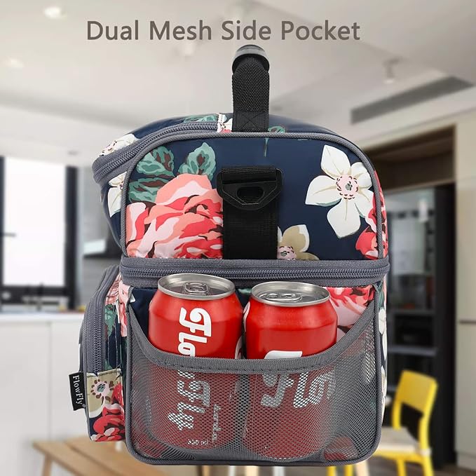 FlowFly Double Layer Cooler Insulated Lunch Bag Adult Lunch Box Large Tote Bag for Men, Women, With Adjustable Strap,Front Pocket and Dual Large Mesh Side Pockets