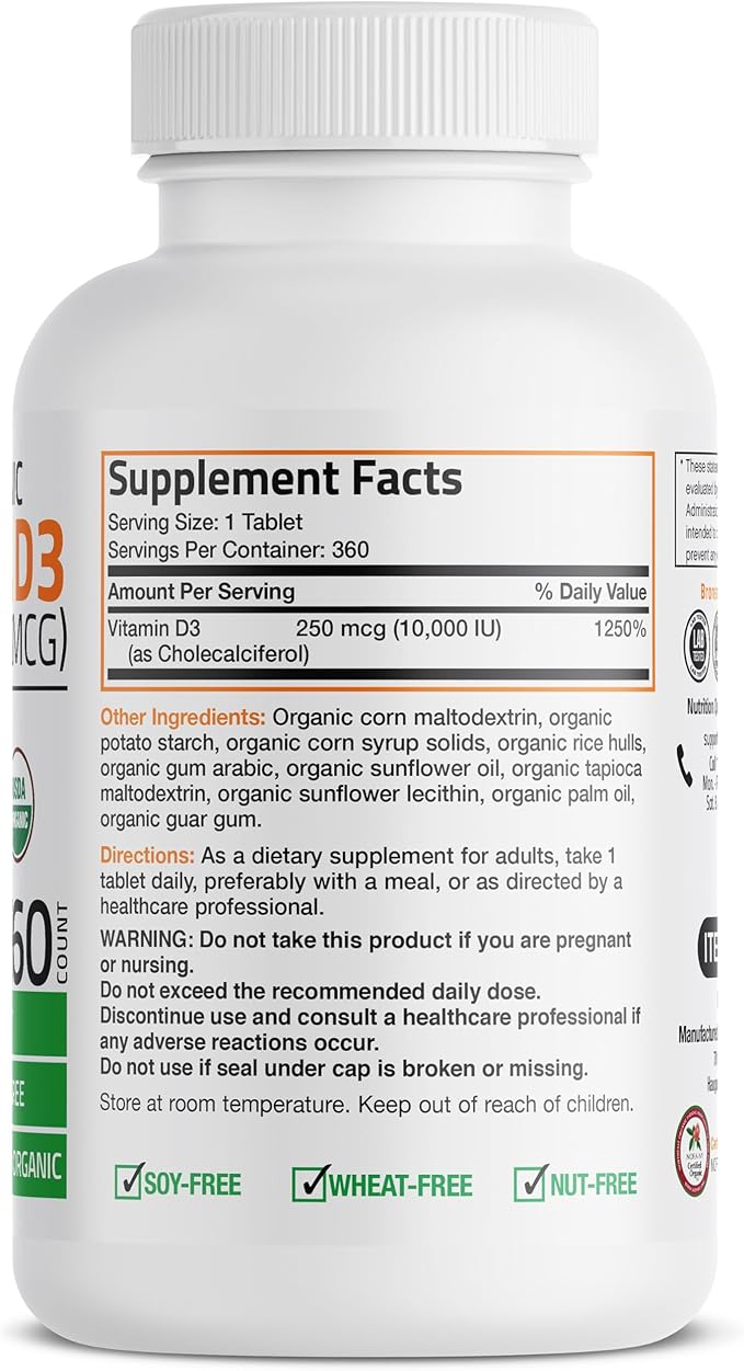 Bronson Vitamin D3 10,000 IU (250 mcg) Immune Support, Healthy Muscle Function & Bone Health, High Potency Organic Non-GMO Vitamin D Supplement, 360 Tablets