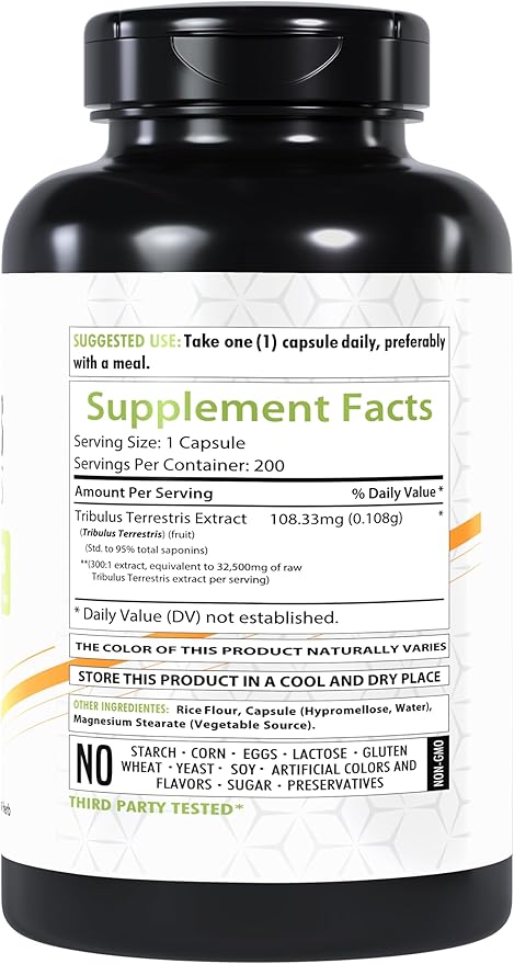 Tribulus Terrestris Extract 32,500mg | 200 Veg Capsules | Maximum Strength | Non-GMO | Gluten-Free