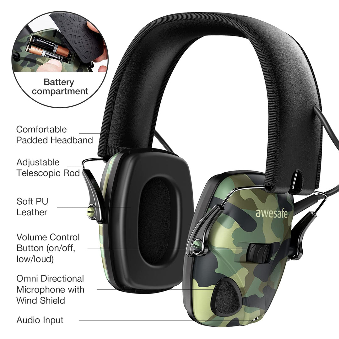 awesafe Electronic Shooting Earmuffs Ear Hearing Protection Headphones for Shooter Gun Range Noise Reduction Sound Amplification (Camo)