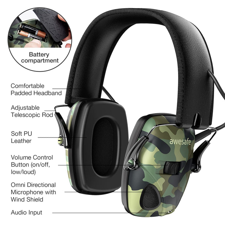 awesafe Electronic Shooting Earmuffs Ear Hearing Protection Headphones for Shooter Gun Range Noise Reduction Sound Amplification (Camo)