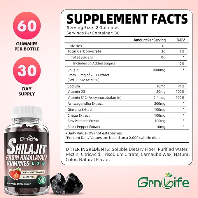 2PCS Pure Himalayan Shilajit Gummies for Men & Women, 1000MG Shilajit Supplement with 85+ Trace Minerals & Fulvic Acid for Energy, Immunity, Sugar-Free, Strawberry-120 Count