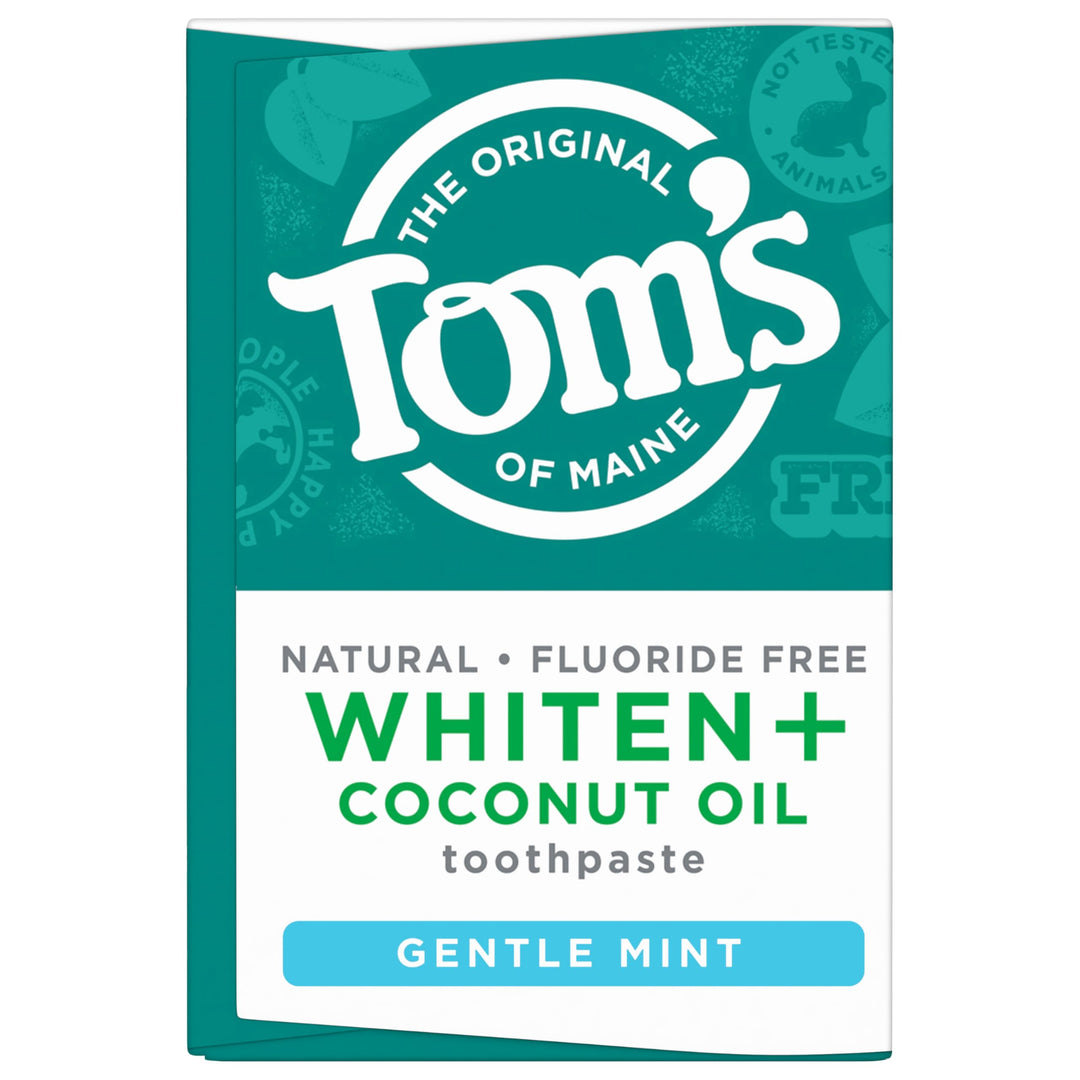 Tom’s of Maine Whiten Plus Coconut Oil Fluoride Free Toothpaste, Natural Whitening Toothpaste with Coconut Oil and Plant-Based Cleansers, Whitens Without Causing Sensitivity, Gentle Mint, 4.0 Oz