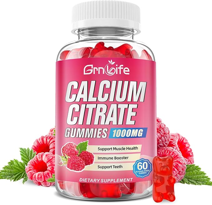 Calcium Citrate Gummies, Sugar Free Calcium Citrate 1000mg for Muscle Healthy, Absorption Calcium Supplements for Adults & Kids, Raspberry, 60 Count