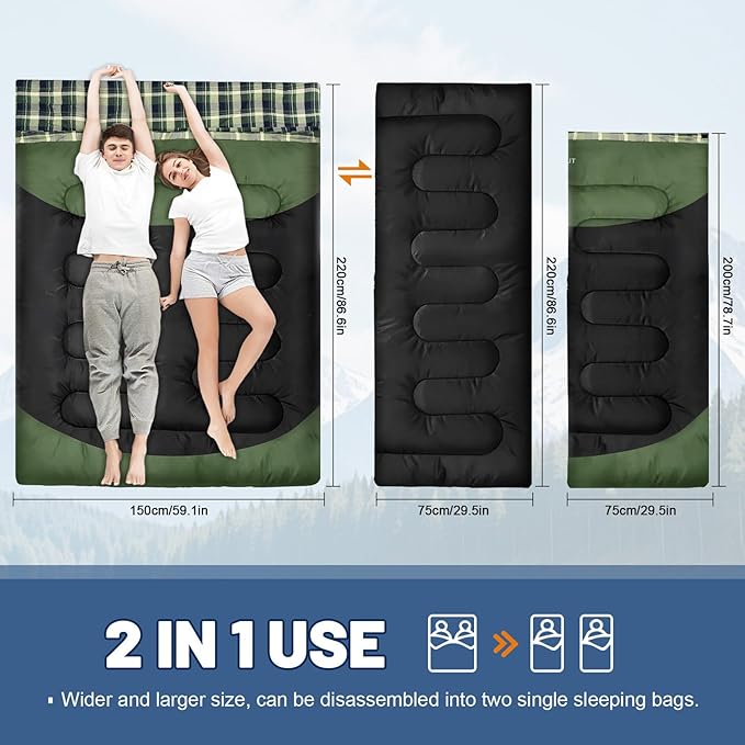 Cotton Flannel Double Sleeping Bag for Adults Machine Washable 2 Person Camping Sleeping Bag Queen Size Waterproof with Compression Sack for Cold Weather 3-4 Seasons