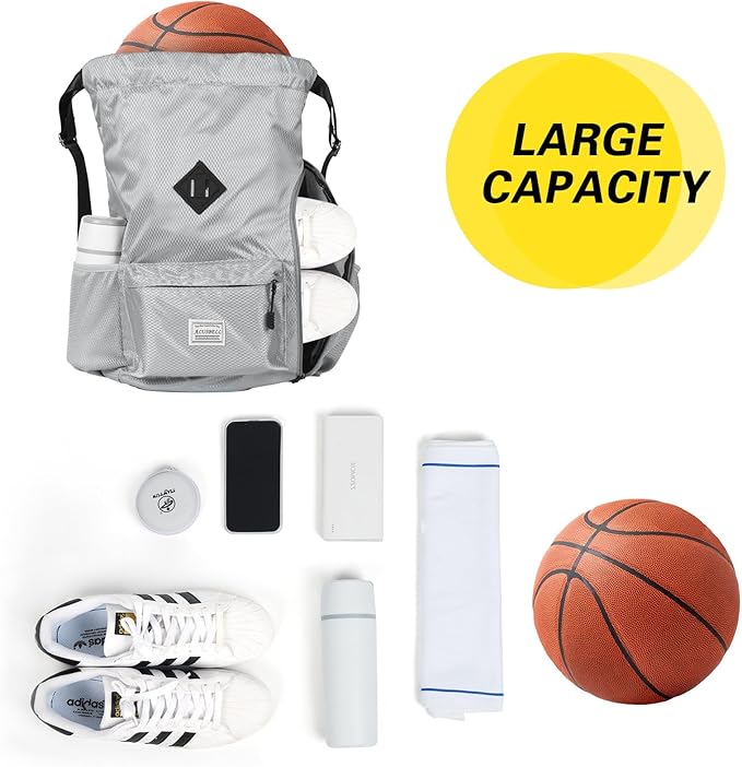 ALUSBELL Large Drawstring Backpack Bag, Sports Gym Bag String Sackpack with Shoes Compartment, Waterproof String Bag Cinch for Women Men(Gray)