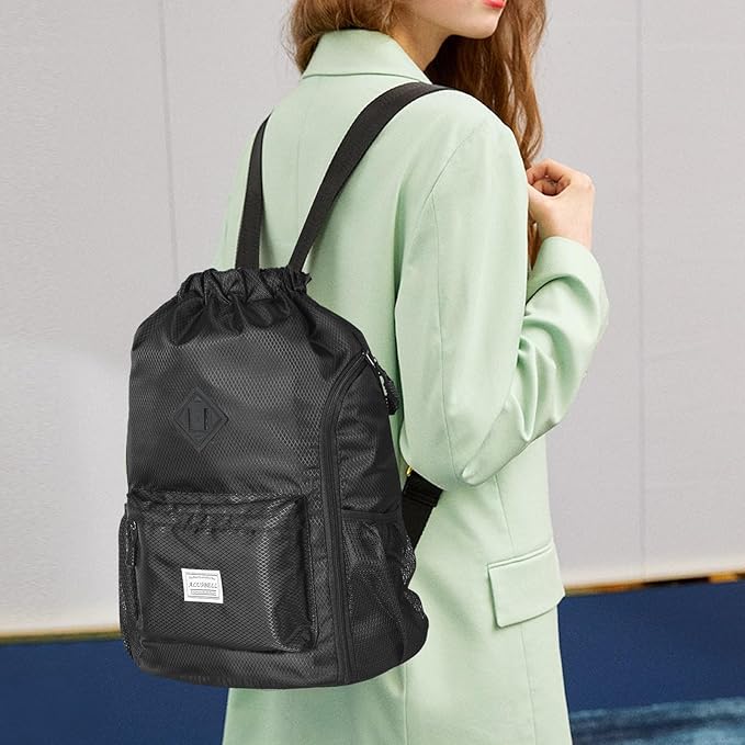 ALUSBELL Large Drawstring Backpack Bag, Sports Gym Bag String Sackpack with Shoes Compartment, Waterproof String Bag Cinch for Women Men(Black)