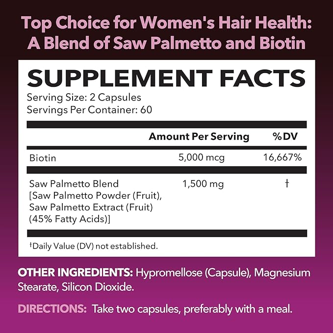 Saw Palmetto for Women with Biotin 5000mcg - Powerful DHT Blocker to Support Hair, Skin, and Nail Health - 120 Count - Vegan, Non-GMO Vitamin for Stronger, Fuller Looking Locks - 2 Month Supply