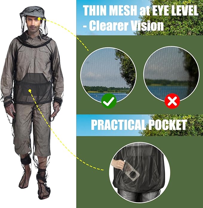 HOMEYA Net Suit XXL, Netting with Jacket Hoodie & Pants, Mittens & Socks, Lightweight Fine Mesh Full Body Clothing for Men & Women, for Camping, Hunting, Hiking, Fishing with Free Carry Pouch