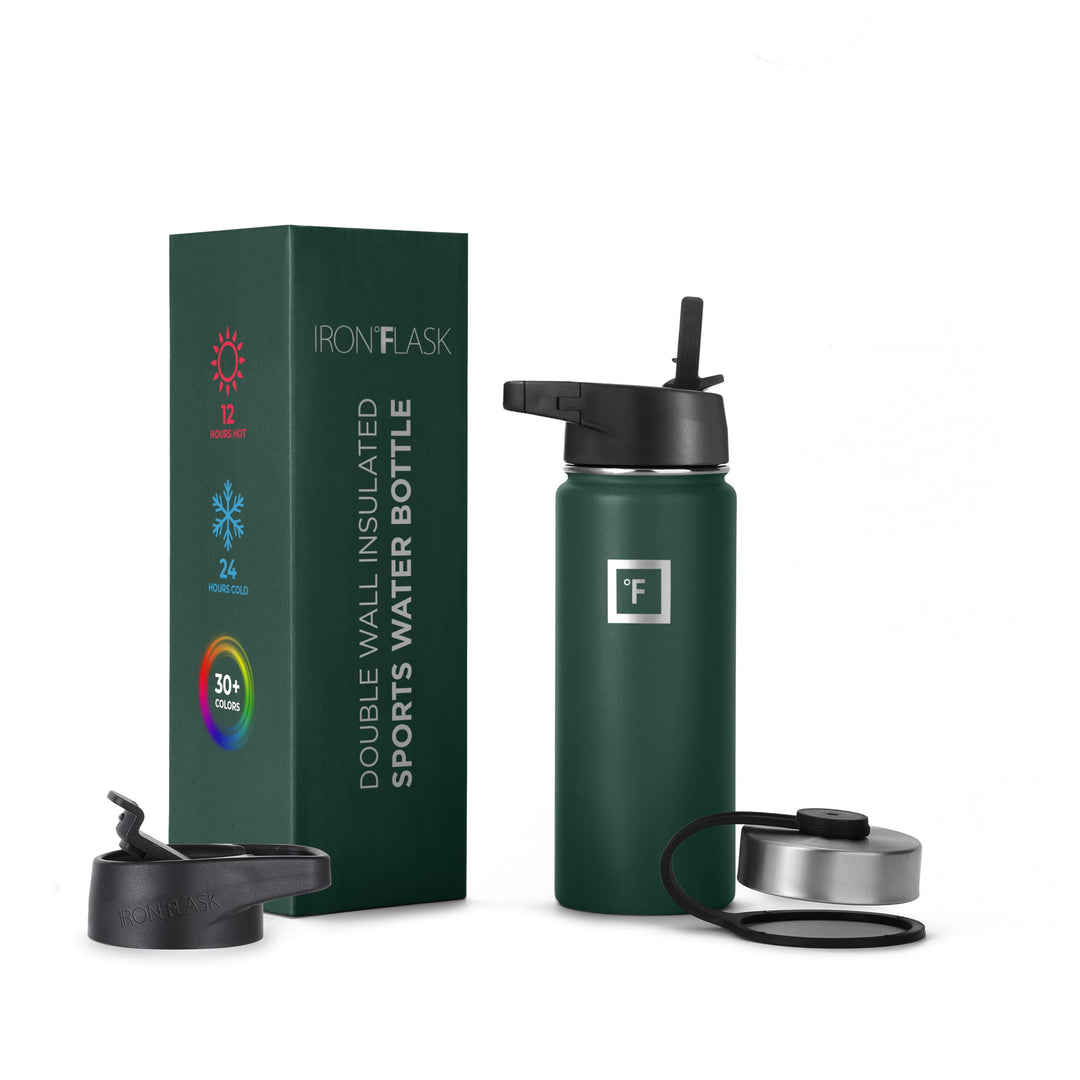 IRON °FLASK Camping & Hiking Hydration Flask, Wide Mouth, 3 Straw Lids, Stainless Steel Outdoor Water Bottle, Double Walled, Insulated Thermos, Metal Canteen - Dark Pine, 18 Oz