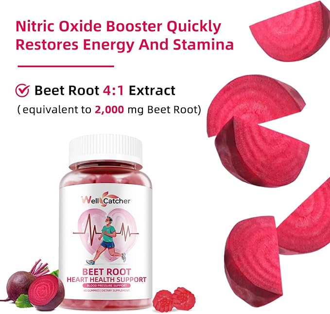 Beet Root Gummies - Beets Chewables for Heart & Circulation Support Nitric Oxide Energy Boost, Sugar Free Beet Gummies Supplement for Blood Pressure with Vitamin C D B12 Grapeseed Coenzyme Q10 60ct