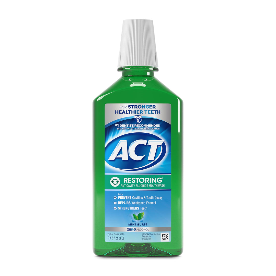 ACT Restoring Zero Alcohol Fluoride Mouthwash 33.8 fl. oz. Strengthens Tooth Enamel, Mint Burst