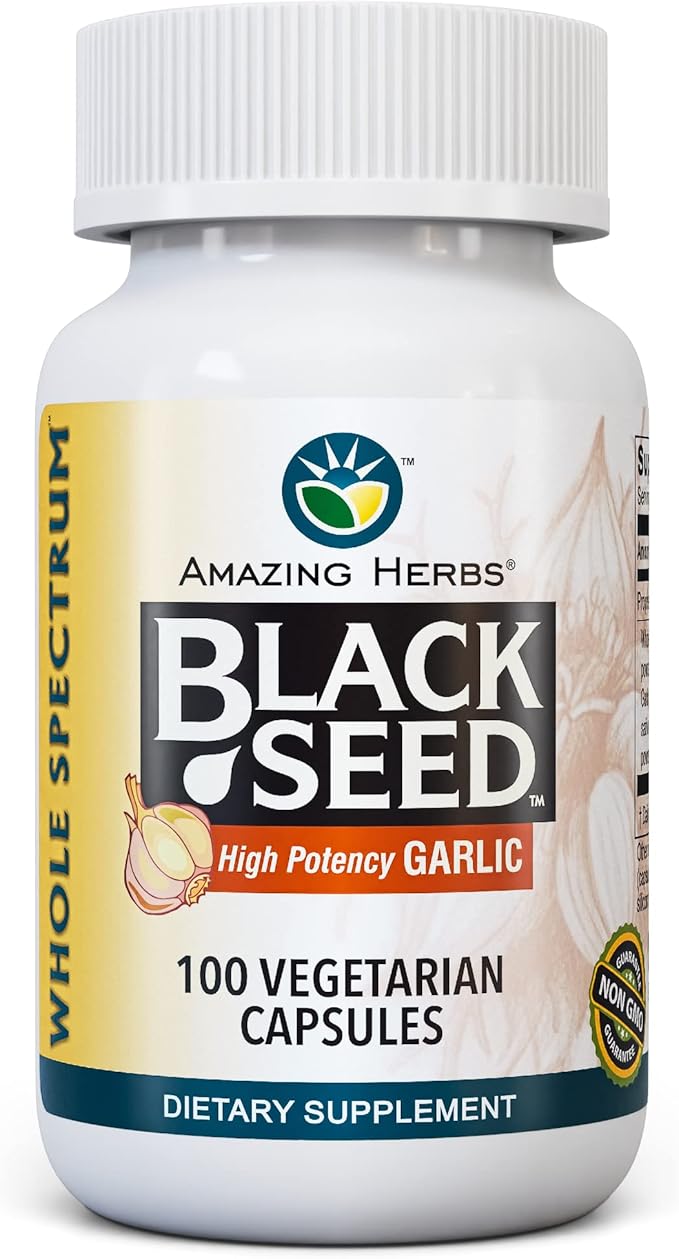 Amazing Herbs Whole Spectrum Black Seed & High Potency Garlic, Vegetarian Capsules - Gluten-Free, Non-GMO, Vegan, Supports Immune System, Lung Function, & Cardiovascular Health - 100 Count