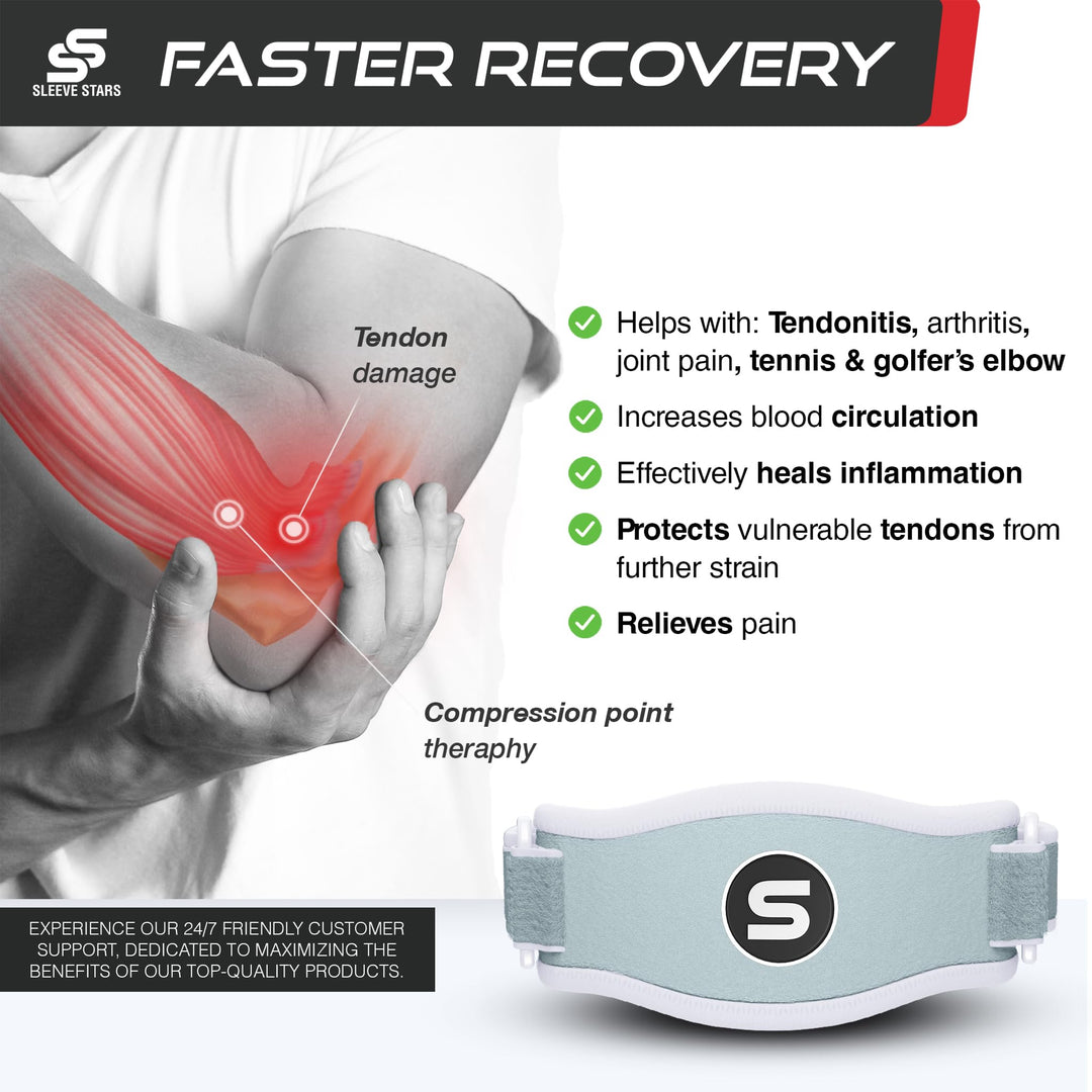 Sleeve Stars Tennis Elbow Support Strap, Golfers Elbow Support for Men & Women Epicondylitis Clasp, Counterforce Arm Band for Tendonitis Relief & Support, w/ 3 Straps Length, Fits 9"-23" (Mint Green)