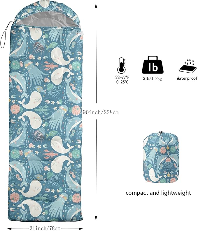 AILONEN Cartoon Fox Camping Sleeping Bag for Boys Girls Adults,Lightweight & Waterproof,3 Season Warm & Cold Weather,Portable,Kawaii Fox Printed Sleeping Bag,Traveling,Camping,Hiking