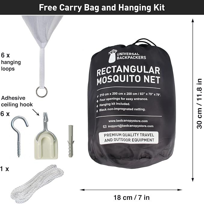 Black Mosquito Net for Single to King-Sized Beds – 4 Side Openings & 6 Hanging Loops – Decorative Rectangular Shape for Home & Travel – Bed Canopy Hanging Kit & Carrying Bag Included