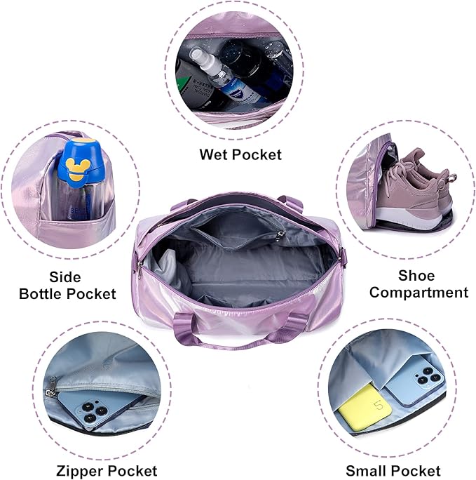 Gym Bag Sports Duffle Bag with Wet Pocket Weekender Overnight Bag with Waterproof Shoe Pouch and Air Hole for Women Girls Travel Foldable Bag (Metallic Purple)