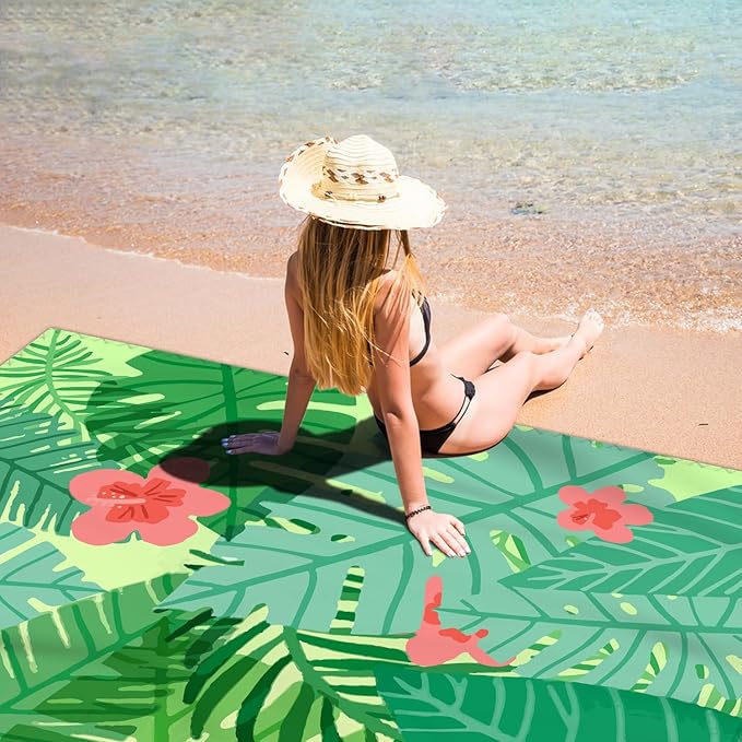 Beach Blanket Waterproof Sandproof Large Beach Mat 79" X 83" for 2-4 Adults Sand Free Mat Quick Drying,Lightweight & Durable with 4 Stakes & 4 Corner Pockets for Beach Travel Camping Hiking.(Green)