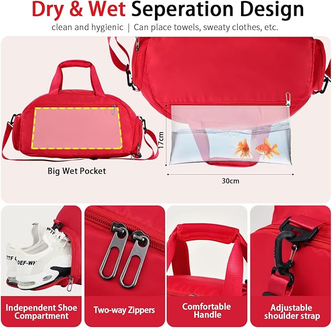 FIORETTO 30L Sports Gym Duffle Bag with Wet Pocket & Shoe Compartment, Weekender Hospital Overnight Bag for Women, Sports Holdall Backpack