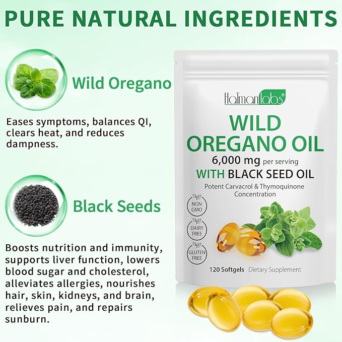 Oil of Oregano Softgels,Oregano Oil Capsules Organic,2-in-1 6000mg Oil of Oregano with Black Seed Oil 200mg,Oregano Oil with Black Seed Oil Softgels,120 Softgel Capsules