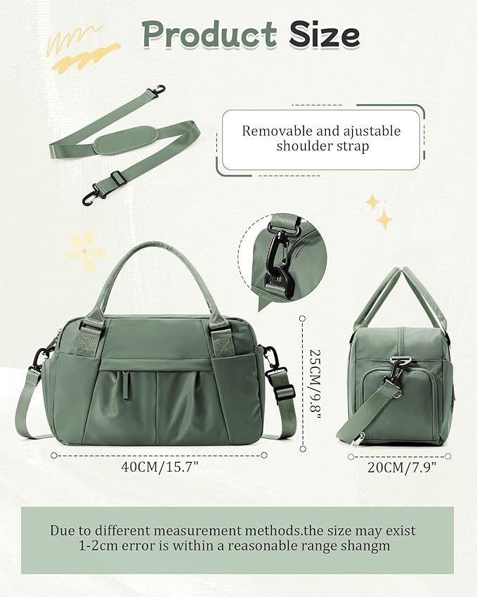 Travel Duffel Bag for Women - Small Waterproof Weekender Tote Carry on Bag with Shoe Compartment, Wet Pocket & Trolley Sleeve - Ideal for Gym, Yoga, Swim, Dance & Workout Green