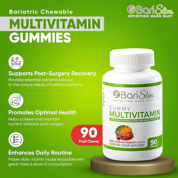 BariSlim Bariatric Chewable Multivitamin Gummies - Specially Formulated Gummy Vitamin for Patients After Weight Loss Surgery - Easy to Digest & Great Tasting Fruit Flavors | 90 Fruit Chews