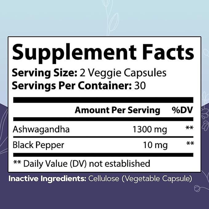 Ashwa Glossary Ashwagandha Supplements with Black Pepper - Enhance Mood, Energy, Reduce Cortisol, Support Hormones, Manage Stress & Sleep - Vegan, Gluten Free, Plant Based (60 Capsules)