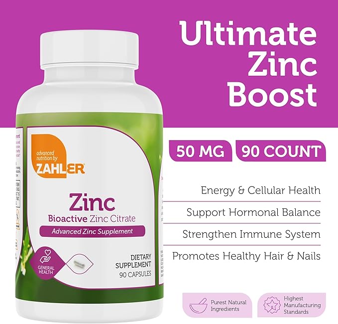 Zahler Zinc 50mg, Supports Immune and Antioxidant Protection, Certified Kosher, 90 Capsules