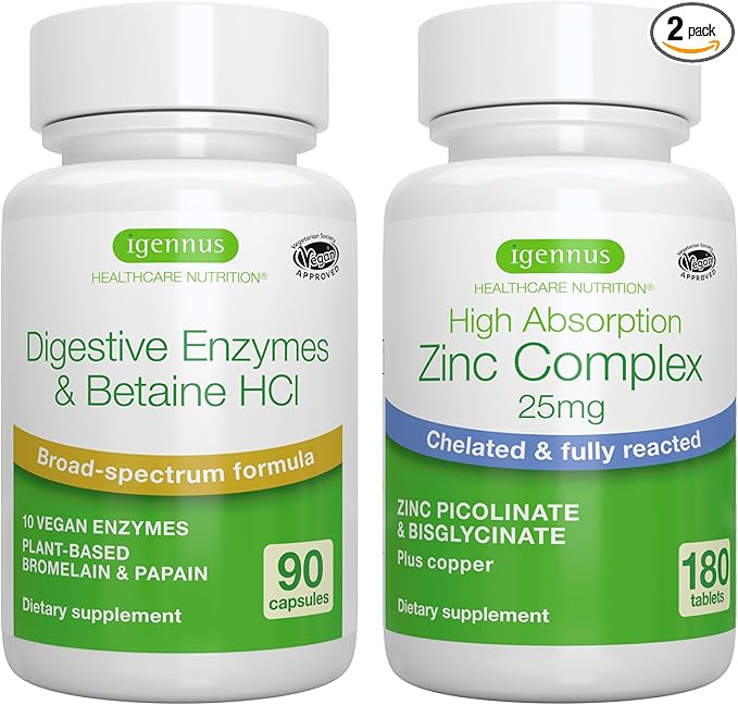 Advanced Digestive Enzymes & Betaine HCl + Zinc Complex 25mg Vegan Bundle, Digestive Aid with Chelated Zinc Picolinate & Bisglycinate, by Igennus