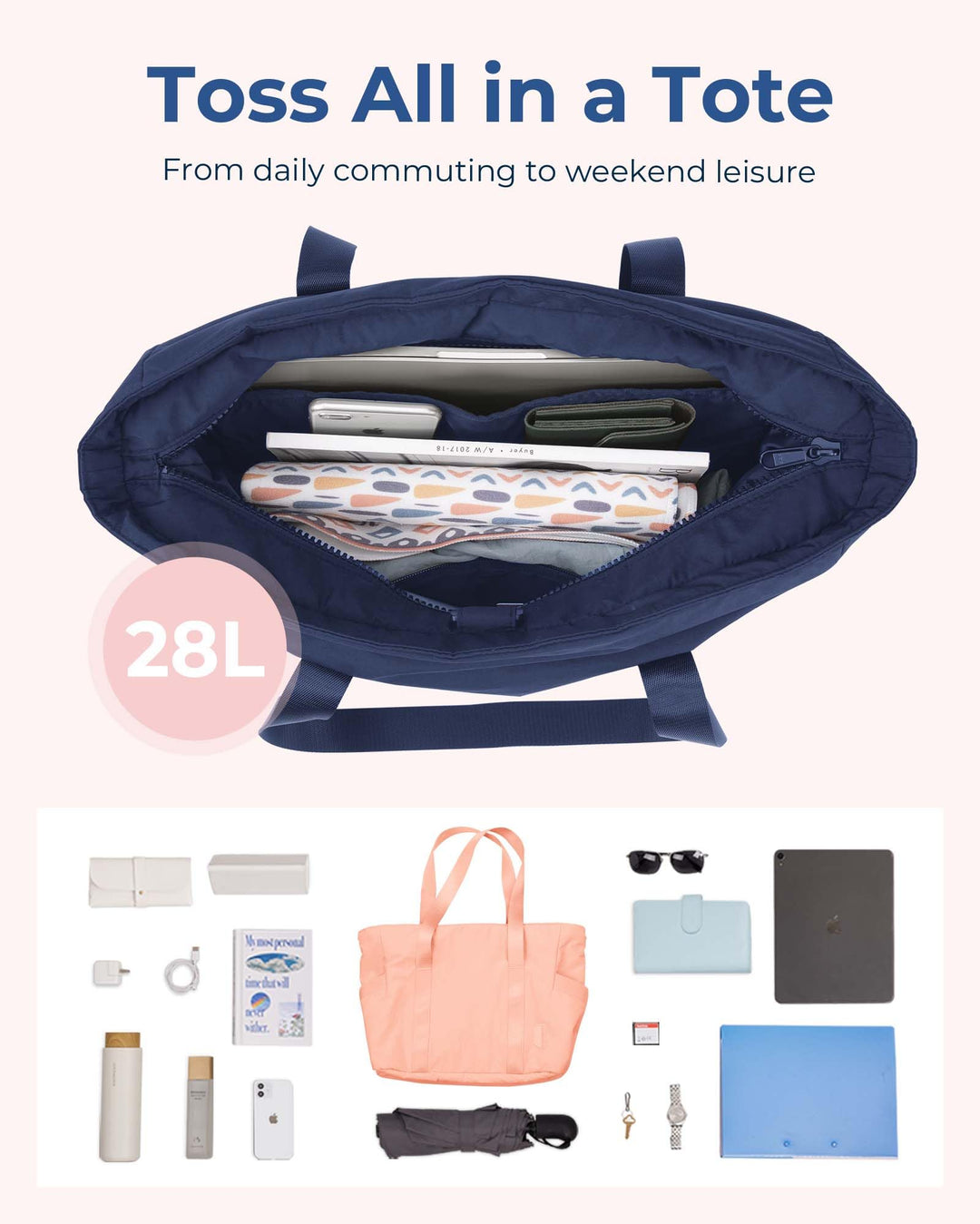 BAGSMART Tote Bag for Women with Zipper, Gym Tote with Compartments, Laptop Work Tote Nurse Dance Yoga Bag for Sport, Travel