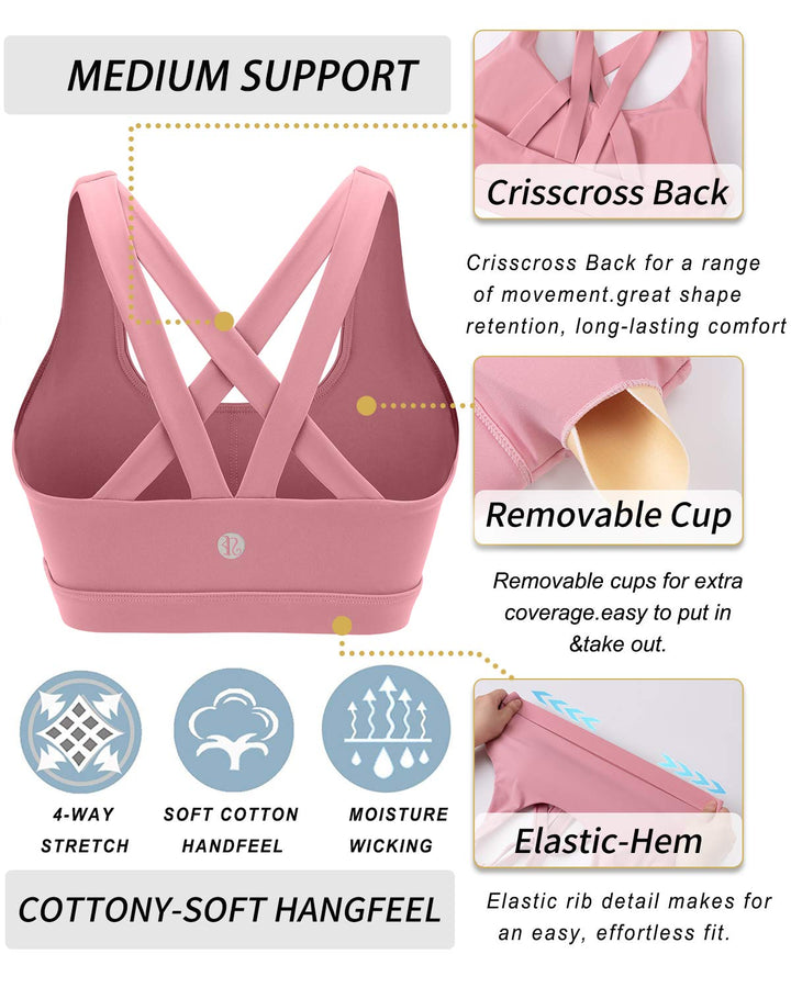 RUNNING GIRL Sports Bra for Women, Criss-cross back Padded Strappy Sports Bras Medium Support Yoga Bra with Removable Cups (WX2575.Pink-1, S)