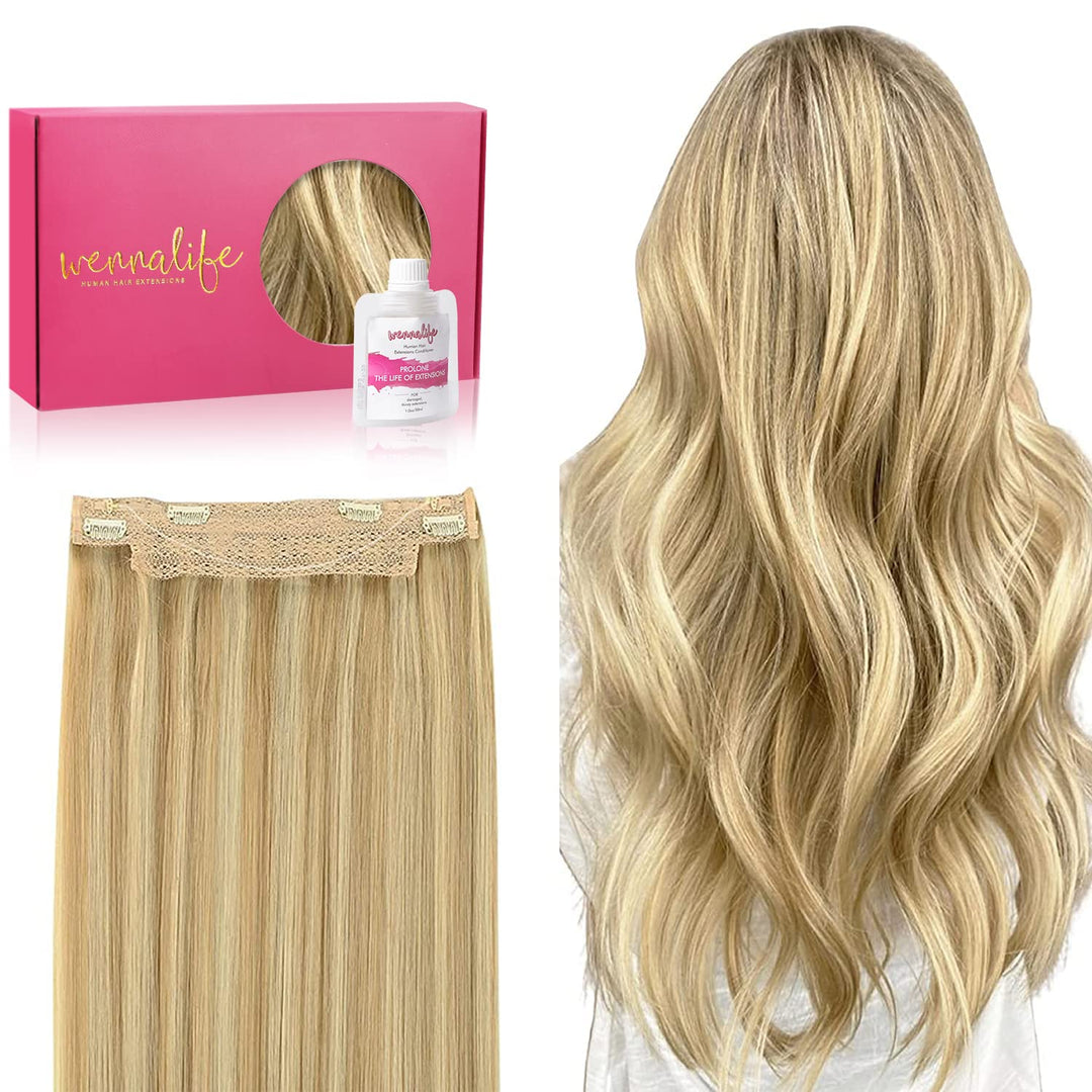 WENNALIFE Wire Hair Extensions (Increase 50% Lifespan) Real Human Hair 16 inch 95g Light Blonde Highlighted Golden Blonde Remy Hair Extensions Invisible Transparent Wire Fish Line Hair Extensions