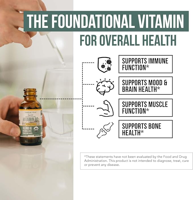 Organic Vitamin D3 10,000 IU - Plant D3, Vegan, Max Strength Sublingual Liquid D3 Drops - 200% Higher Absorption, 100% Plant-Based Cholecalciferol Form & Vegan D3, Adjustable Dosing (30 Servings)