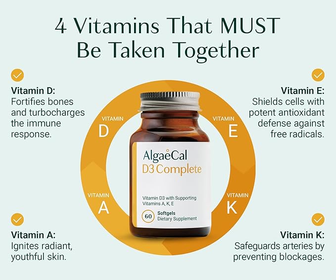 ALGAECAL 4-in-1 Vitamin D3 K2 Complete - ADK Vitamin Supplement, Enhanced Immune Support & Bone Health with D3 K2, A, & E - Whole Body Wellness & Bone Strength, 60 Easy-Swallow Softgels, Made in USA