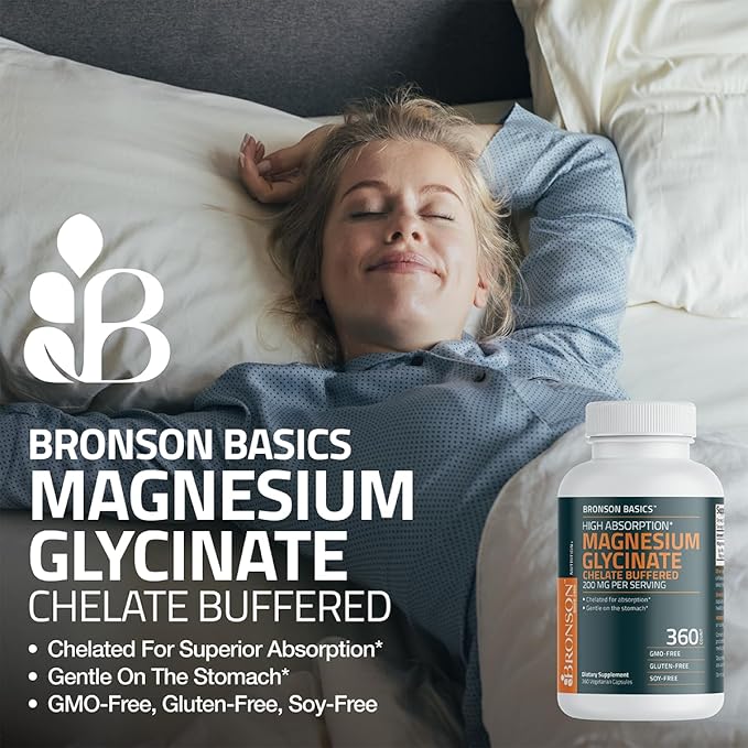 Bronson Magnesium Glycinate 200mg High Absorption Chelated Buffered Gentle On The Stomach Non-GMO, 180 Vegetarian Capsules