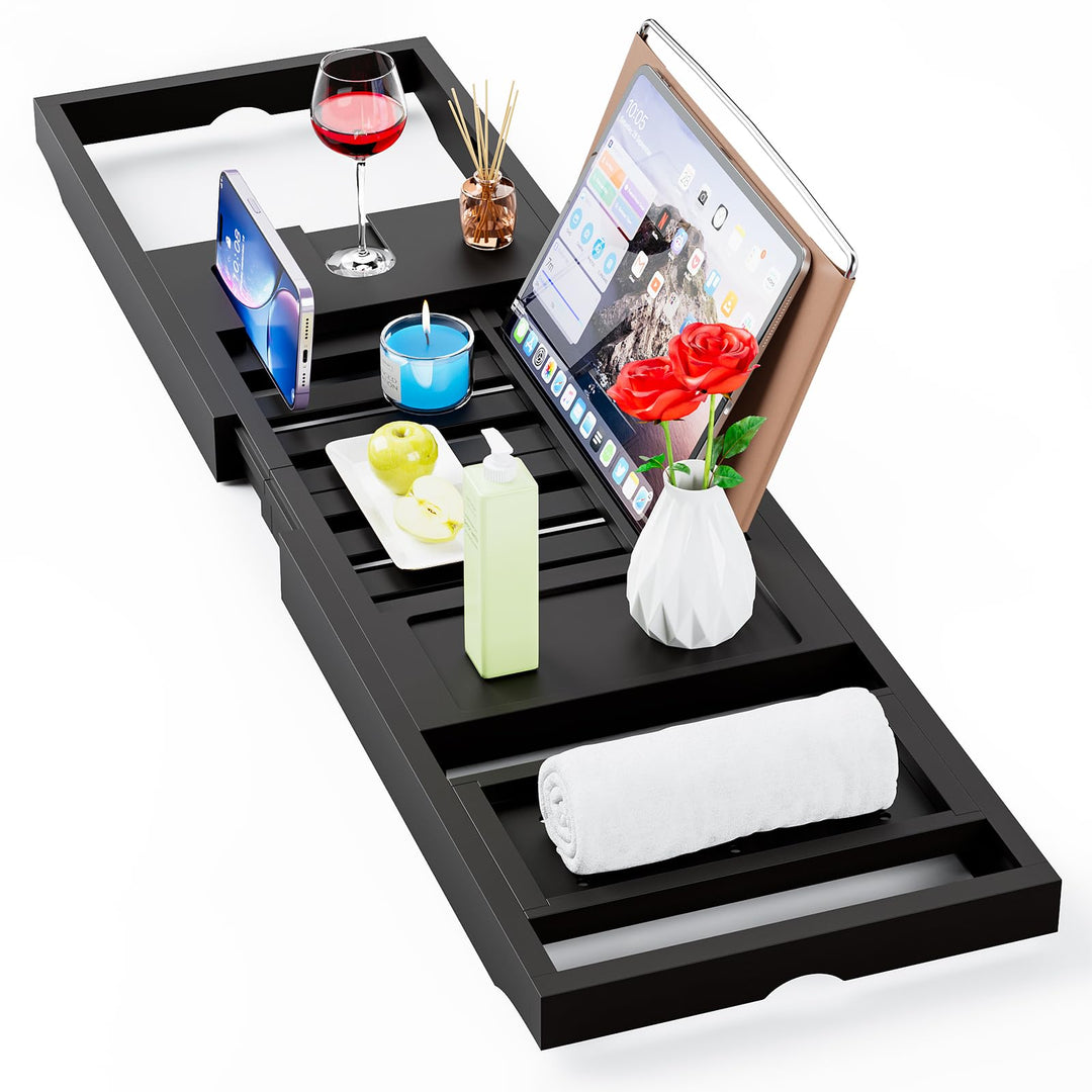 Yirilan Foldable Bathtub Caddy, Expandable Bath Tray, Unique House Warming Gifts, New Home, Anniversary and Wedding Gifts for Couple, Black