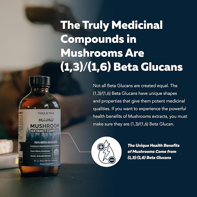 MycoMax Mushroom Complex - 70% Beta Glucans, Max Potency Mushroom Supplement, US Grown + Ultrasonic Extraction - Lions Mane, Cordyceps, Reishi & More - Promotes Cognition, Immunity, Energy - 8 oz.