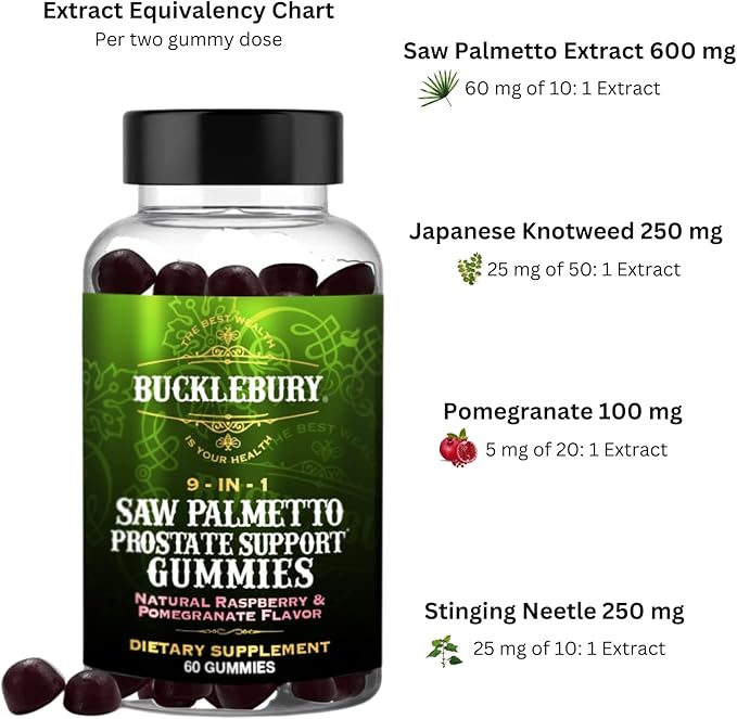 9-in-1 Saw Palmetto Gummies for Prostate and Urinary Support - Natural Raspberry and Pomegranate Flavour Plant-Based Dietary Supplement for Bladder Emptying and Hair Loss - 60 Gummies