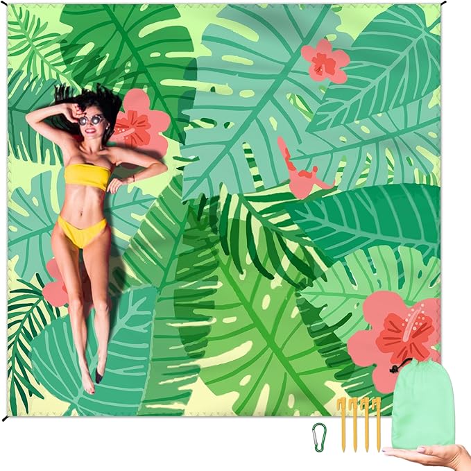 Beach Blanket Waterproof Sandproof Large Beach Mat 79" X 83" for 2-4 Adults Sand Free Mat Quick Drying,Lightweight & Durable with 4 Stakes & 4 Corner Pockets for Beach Travel Camping Hiking.(Green)