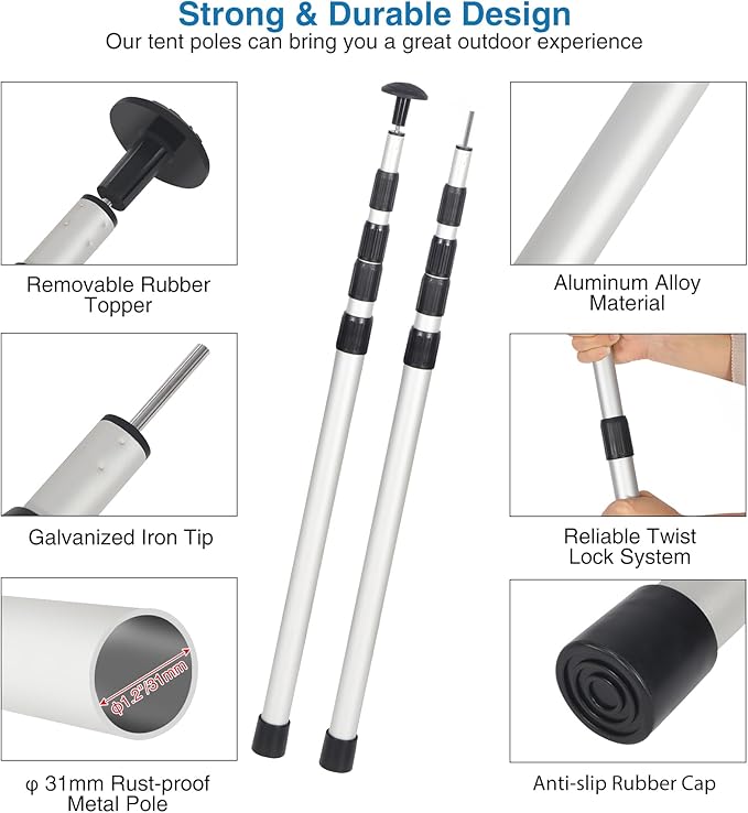 REDCAMP Aluminum Adjustable Camping Tarp Poles, 30in to 90in Telescoping Lightweight Tent Poles for Shelter, Awning, Hammock Rain Fly (Grey, Set of 2)