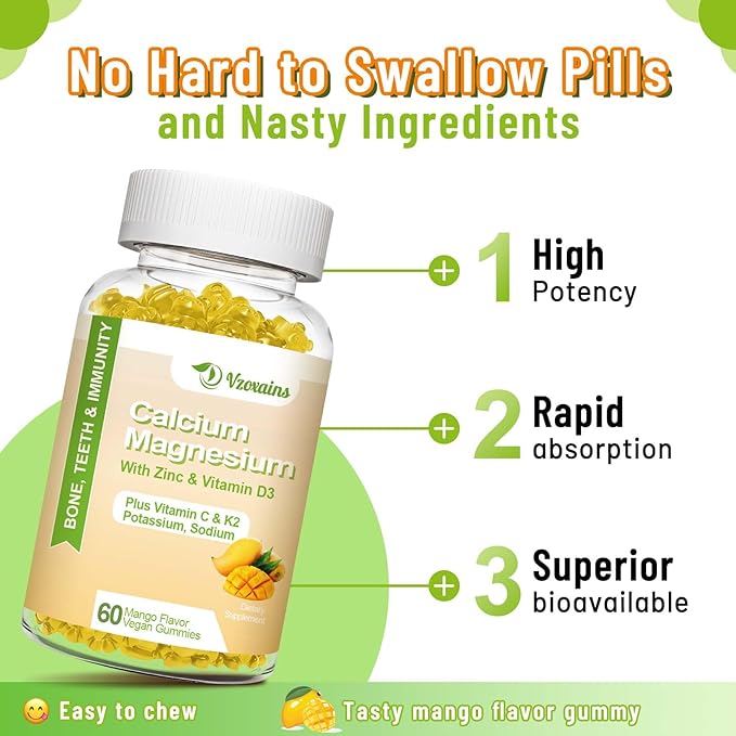 High Absorption Calcium Gummies, Calcium Magnesium Zinc with Magnesium Glycinate, Potassium, Vitamin D3 for Women & Men- Mango Flavor 120 Cts