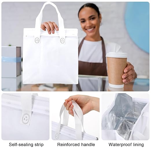 300 Pcs Insulated Take Away Bags Bulk Thermal Insulation Food for Coffee Milk Tea Hot Cold Food Fresh Seafood Cooler Pizza Delivery Bags for Catering Restaurant Grocery (White)