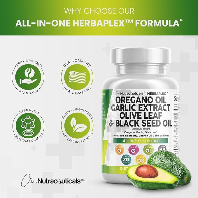 Clean Nutraceuticals Oregano Oil Garlic Extract Olive Leaf Black Seed Oil - Immune Support & Digestive Health Supplement for Women and Men with Vitamin D3 & Zinc - 3Pack
