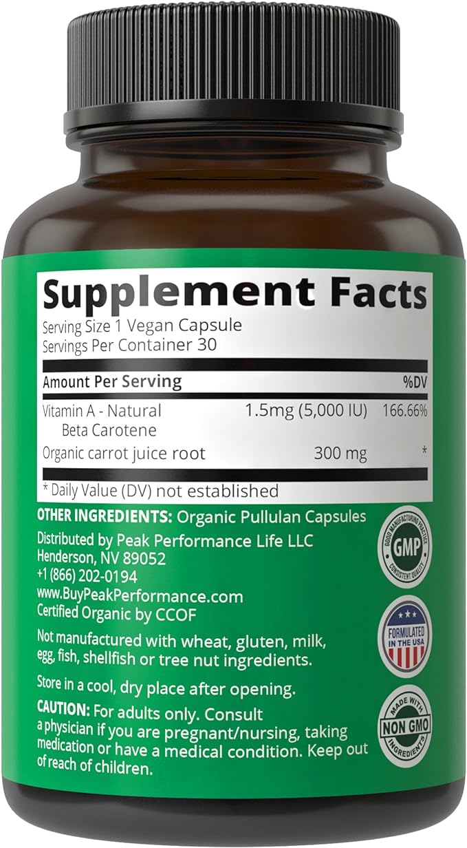 Certified Organic Vitamin A 5000 IU Supplement Capsules High Potency Vitamins. For Adults, Men, Women, Kids. Made with Organic Carrot Juice. Great for Immune, Skin, Eye Support. Non GMO, Vegan Pills