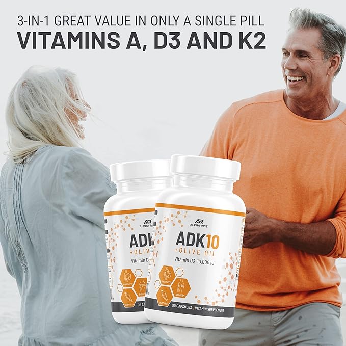 ADK 10 Vitamin Supplement + Olive Oil for Better Absorption - with Vitamins A + D3 (10,000 iu) + K2 (MK7+MK4) - 90 Capsules - Vegetarian - Non-GMO