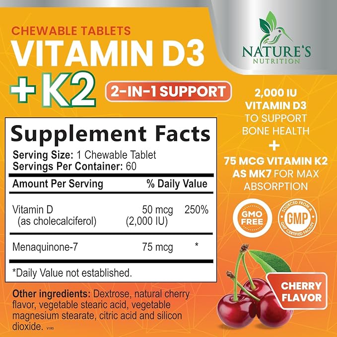 Vitamin D3 K2 2000 IU Plus with K2 (MK-7) 75 mcg - Vitamins D & K Complex Supplement for Bone, Teeth, Muscle, Calcium Absorption, Supports Immune & Heart Health, Non-GMO Chewable Formula - 60 Tablets