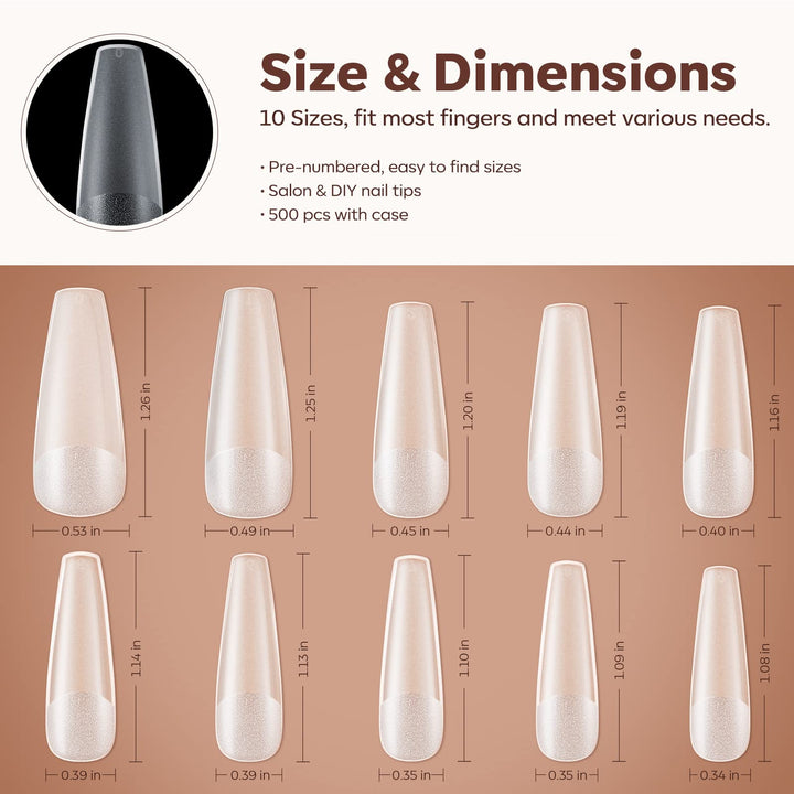 Modelones Long Coffin Nail Tips Fake Nails Gel Tips Full Matte Cover More Friction for Acrylic Professional Extension Gel Manicure Art Design 10 Sizes